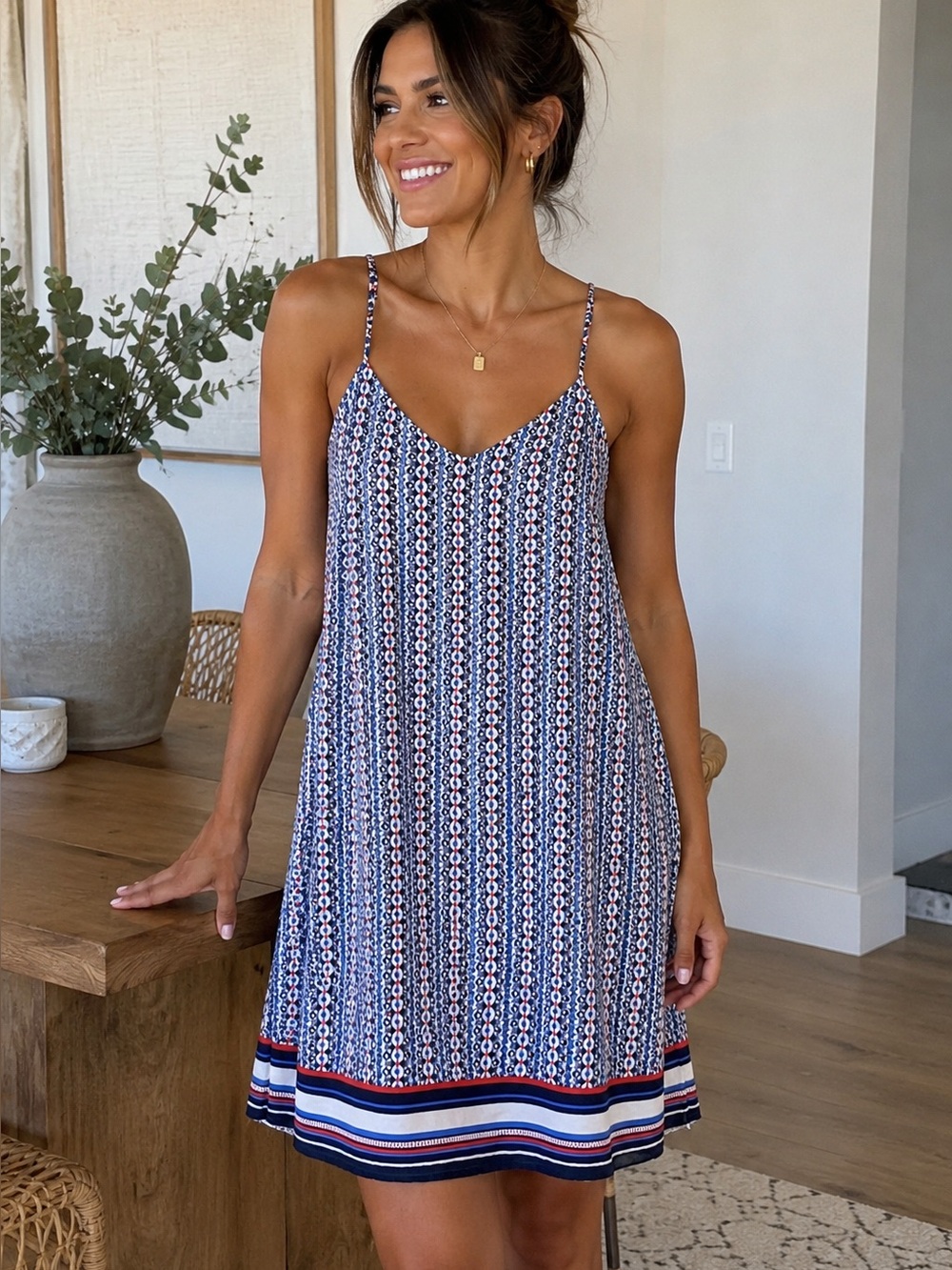 Skies Are Blue Blue and White Printed Spaghetti Strap Mini Dress - Medium